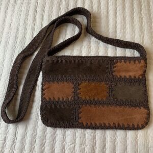 Vintage Nine West Crossbody Suede Patchwork Purse Crocheted Boho Hippie Retro